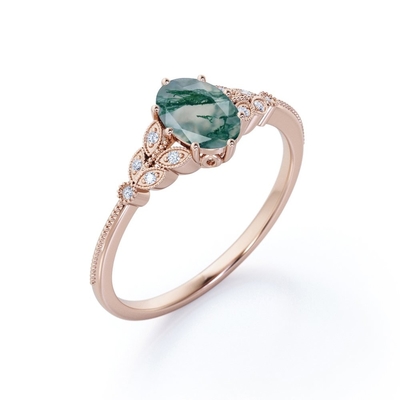 Marquise-shape फिलीग्री मिल्ग्रेन ओवेट नेचुरल ड्रूजी मॉस ग्रीन एगेट और मोइसेनाइट क्लस्टर 6 प्रोंग एंगेजमेंट रिंग