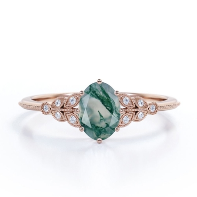 Marquise-shape फिलीग्री मिल्ग्रेन ओवेट नेचुरल ड्रूजी मॉस ग्रीन एगेट और मोइसेनाइट क्लस्टर 6 प्रोंग एंगेजमेंट रिंग