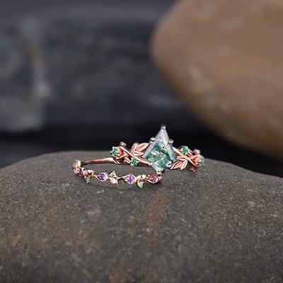सॉलिड रोज़ गोल्ड 1.25ct नेचुरल इंस्पायर्ड लीफ मॉस एगेट ज्वेलरी क्लस्टर एमराल्ड एक्वाटिक