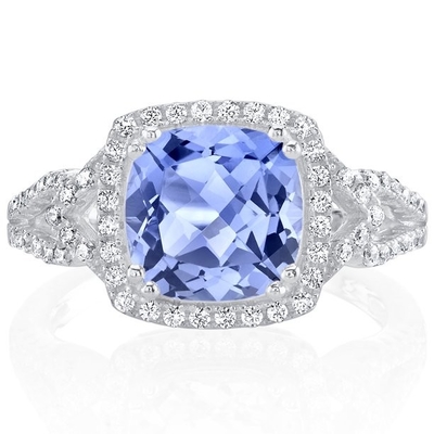 स्टर्लिंग सिल्वर में 2 ct कुशन कट Tanzanite Halo अंगूठी - हस्तनिर्मित शादी की अंगूठी