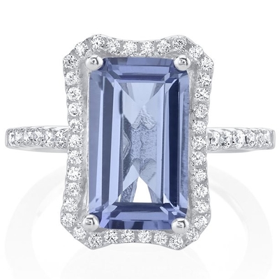 स्टर्लिंग सिल्वर में 1ct आयताकार Tanzanite ऑक्टागन रिंग- सिल्वर पर 18K व्हाइट गोल्ड प्लेटिंग