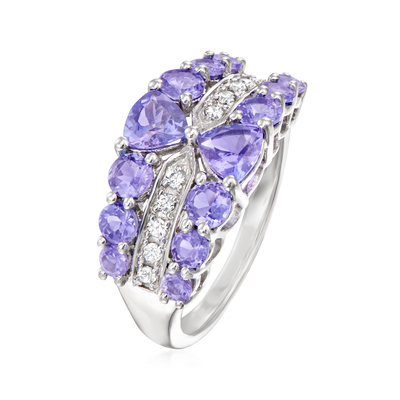 1.25 कैरेट 4 शूल अंडाकार प्राकृतिक Tanzanite और एक्सेंट सफेद हीरा स्टर्लिंग चांदी की अंगूठी