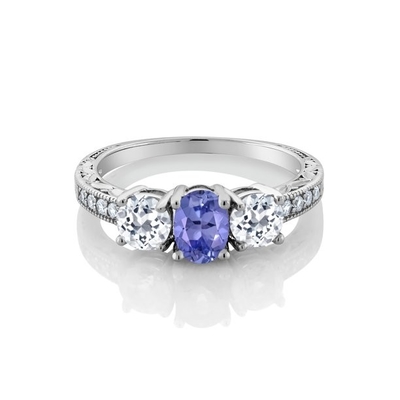 Tanzanite &amp; व्हाइट लैब-निर्मित नीलम बॉक्सिंग सेट स्टर्लिंग सिल्वर