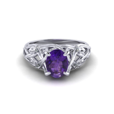 14k व्हाइट गोल्ड, 6x8mm नीलम, हीरा .06cttw में पुष्प नीलम की अंगूठी