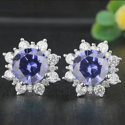 14K येलो गोल्ड ज्वेलरी CZ हेलो ओवल कट प्रीमियम ग्रीन Tanzanite स्टड इयररिंग्स महिलाओं की क्लासिक इयररिंग्स