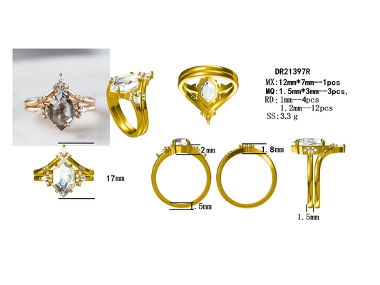 हेक्सागोन कट नमक और काली मिर्च CZ Moissanite 925 सिल्वर रिंग कर्व्ड मैचिंग