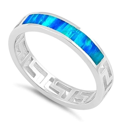 Sterling Sliver 925 प्राचीन ग्रीक मेन्डर की मॉडर्न वेव डिज़ाइन ब्लू ओपल रिंग महिलाओं के लिए