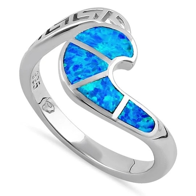 Sterling Sliver 925 प्राचीन ग्रीक मेन्डर की मॉडर्न वेव डिज़ाइन ब्लू ओपल रिंग महिलाओं के लिए