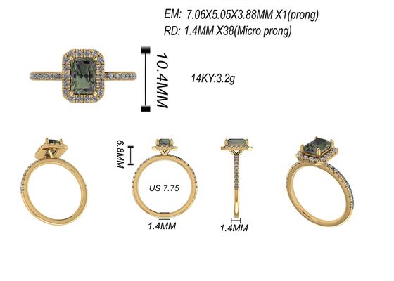 OV6X8mm 14K सॉलिड गोल्ड ज्वैलरी, आयत 1.3 कैरेट डायमंड एंगेजमेंट रिंग