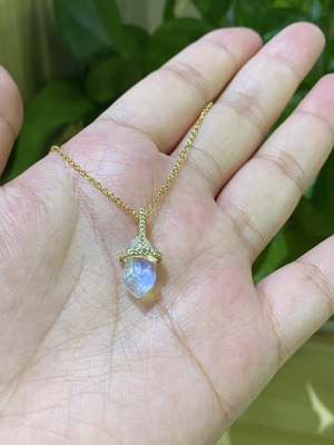 हेक्सागोनल प्राकृतिक मूनस्टोन हार, 14k गोल्ड केबल चेन हार 14 इंच लंबाई: