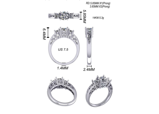 0.8ct 14k सॉलिड गोल्ड ज्वैलरी, प्रोंग सेटिंग RD5.85mm डायमंड थ्री स्टोन रिंग