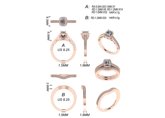 0.8ct 14K सॉलिड गोल्ड ज्वैलरी, रोज़ गोल्ड एंगेजमेंट रिंग सेट RA5.6×4.5MM